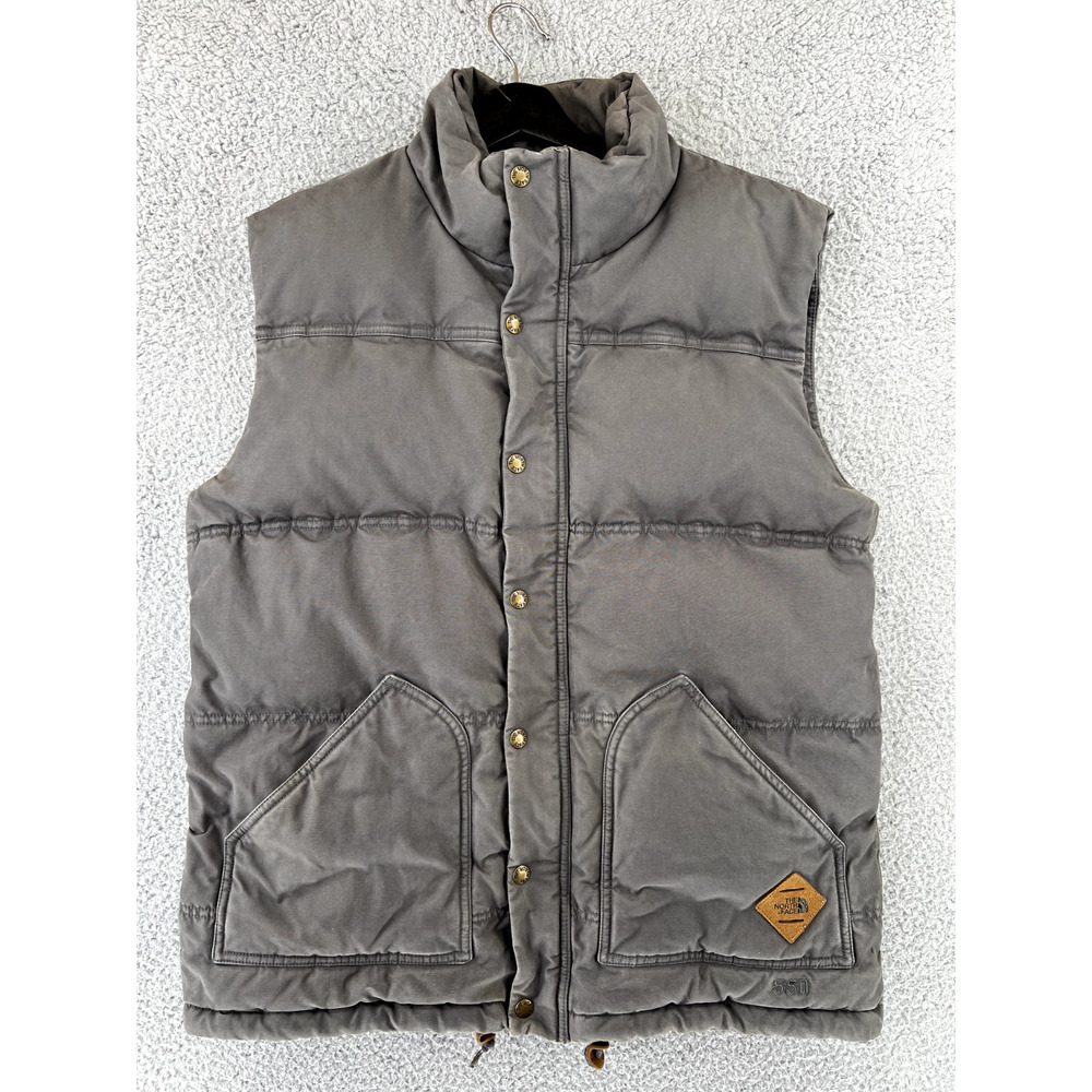 THE NORTH FACE Vest Jacket Mens Medium Gray 550 Goose Down Zip Flannel Lined